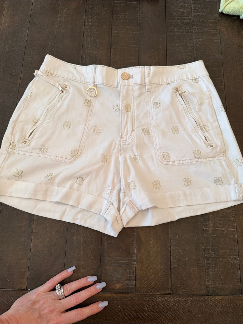 White House Black Market Ivory Gold stamped Shorts